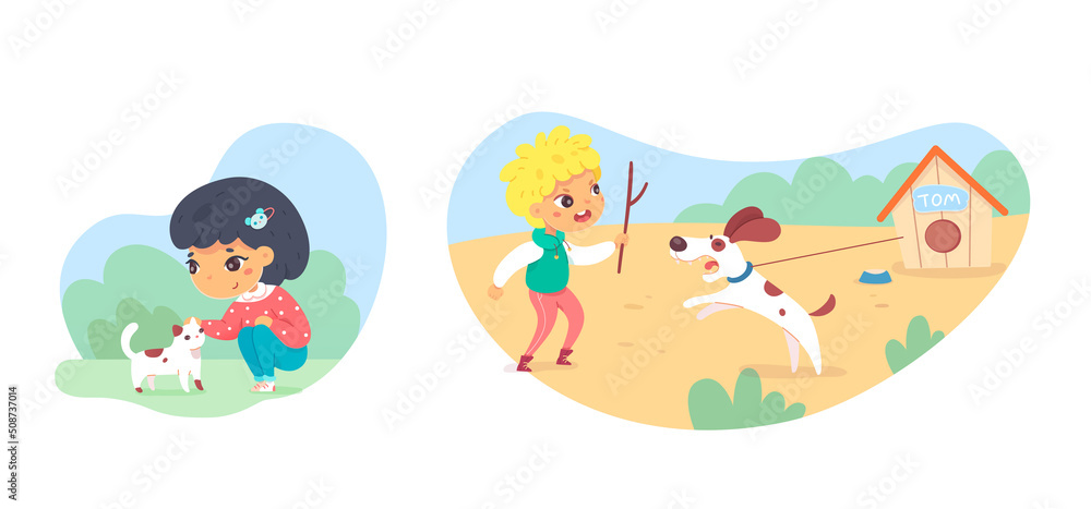 Good and bad behavior, game of little kids with pets, girl stroking cat, boy teasing dog