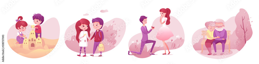 Love scenes of couples set, boy and girl building sand castle, walking, marriage proposal Love scenes of couples set, boy and girl building sand castle, walking, marriage proposal