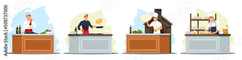 Chef cooking in restaurant kitchen illustration set. Master cooks meals: meat with spices and vegetable salad, pizza, pancakes, bakes bread. Professional culinary show vector illustration.