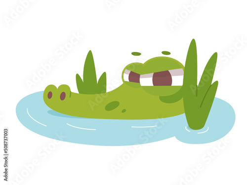 Cute crocodile character swimming in tropical swamp with cane, angry and hungry alligator