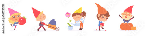 Cute garden gnomes set, funny male and female fairytale characters holding berry