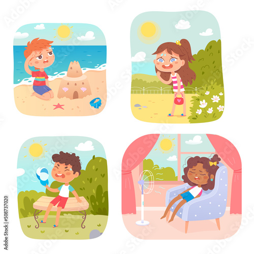 Tired kids in hot weather of summer season set, boys and girls with sunstroke symptoms