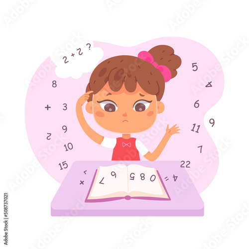 Confused kid suffering with dyscalculia, sitting at desk in classroom, doing homework