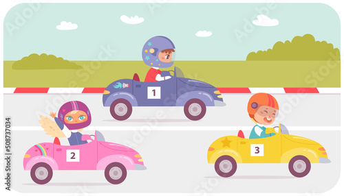 Funny children racers driving speed toy cars on road, race competition of kids drivers