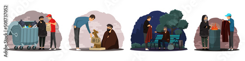 Man helping poor homeless people set. Poverty and charity vector illustration. Guy giving food, clothes, money to beggars in poverty. Social inequality in society. Volunteer workers.