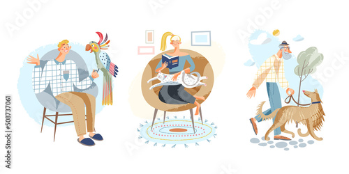 Life scenes of pet owners and animals set, girl and cat sitting in chair, man walking dog