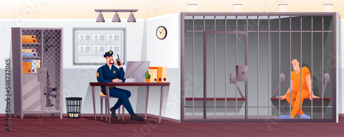 Policeman and prisoner in police station scene. Security department vector illustration. Man sitting in cell jail, guard at desk computer with phone
