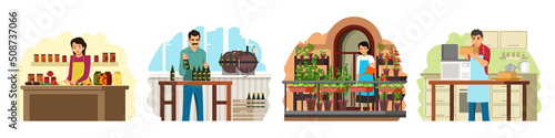 People prepare homemade food and drink set, growing vegetables, cooking jam and preserves