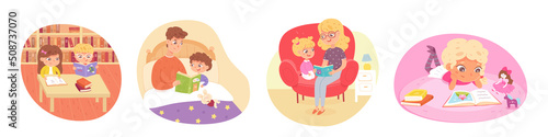 Kids reading books set. Happy clever children learning vector illustration. Father with son in bed, mother with daughter, girl lying at home, boy with friend in school library