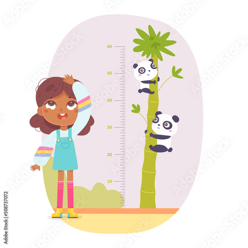 Girl measuring height in inches vector illustration. Kid with glasses standing near tall tree with funny pandas, measurement of growth of child for kindergarten or at home nursery isolated on white.