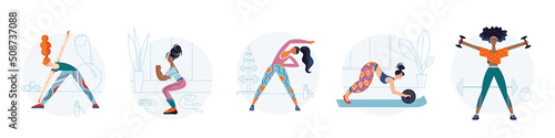 Girl training in sport gym set, active sporty woman in sportswear stretching body