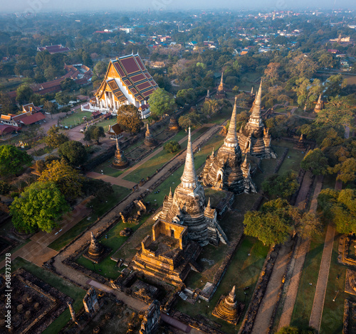 Aerial view of Wat Phra Si Sanphet ruin temple at sunrise in Phra Nakhon Si Ayutthaya  Thailand