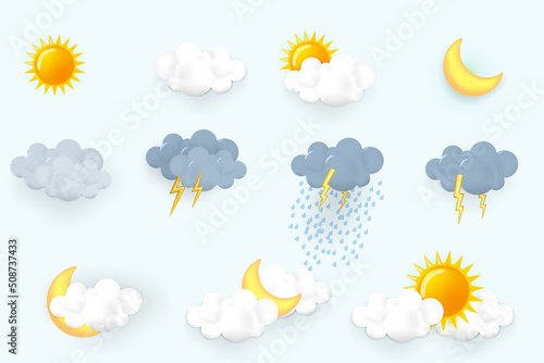 cloud weather set. Realistic 3d symbol design. Complete collection. Isolated on blue background. Vector illustration