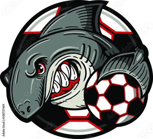 angry shark mascot inside large soccer ball for school, college or league