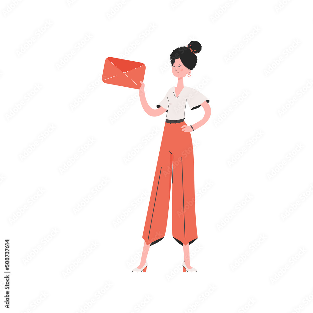 A woman stands in full growth holding an envelope in her hands. Isolated. Element for presentations, sites. A woman stands in full growth holding an envelope in her hands. Isolated. Element for presentations, sites.