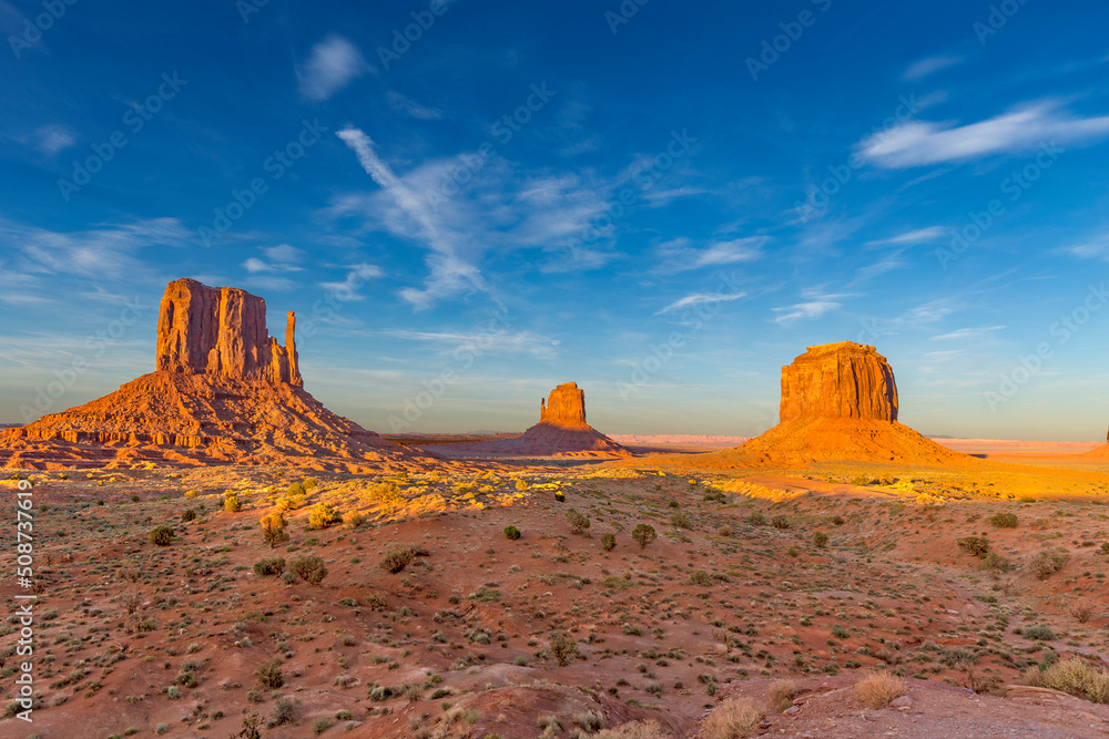 scenic view to monument valley with west mitten butte and blue sky