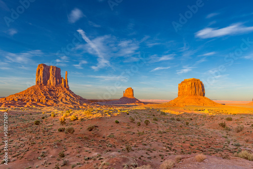 scenic view to monument valley with west mitten butte and blue sky