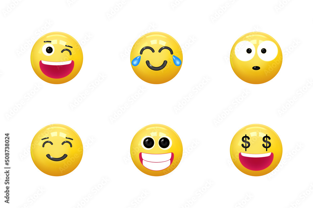 Set of icons face emotion realistic 3d render. Yellow glossy emoticons. vector illustration Set of icons face emotion realistic 3d render. Yellow glossy emoticons. vector illustration