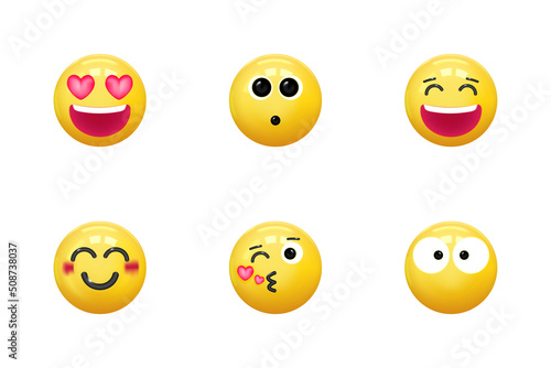 Set of icons face emotion realistic 3d render. Yellow glossy emoticons. vector illustration