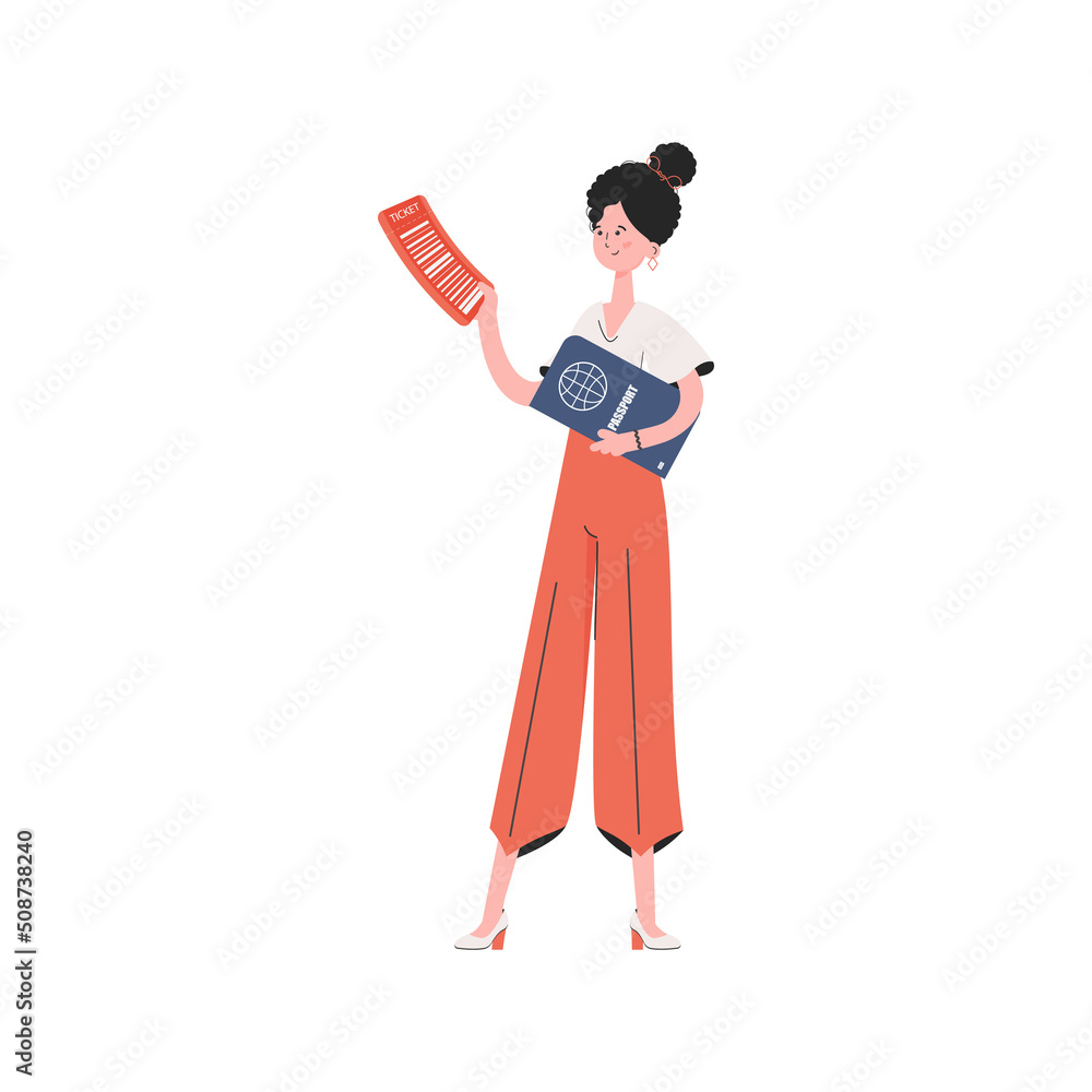 A woman stands in full growth holding a ticket. Isolated. Element for presentations, sites. A woman stands in full growth holding a ticket. Isolated. Element for presentations, sites.