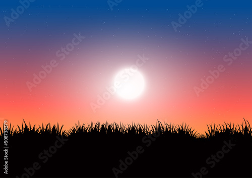 graphics drawing silhouette super moon at night and grass on the ground for wallpaper background vector illustration