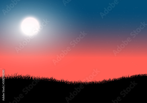 graphics drawing silhouette super moon at night and grass on the ground for wallpaper background vector illustration