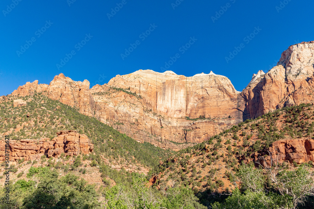 scenic mountains at Zion national Park seen from valley