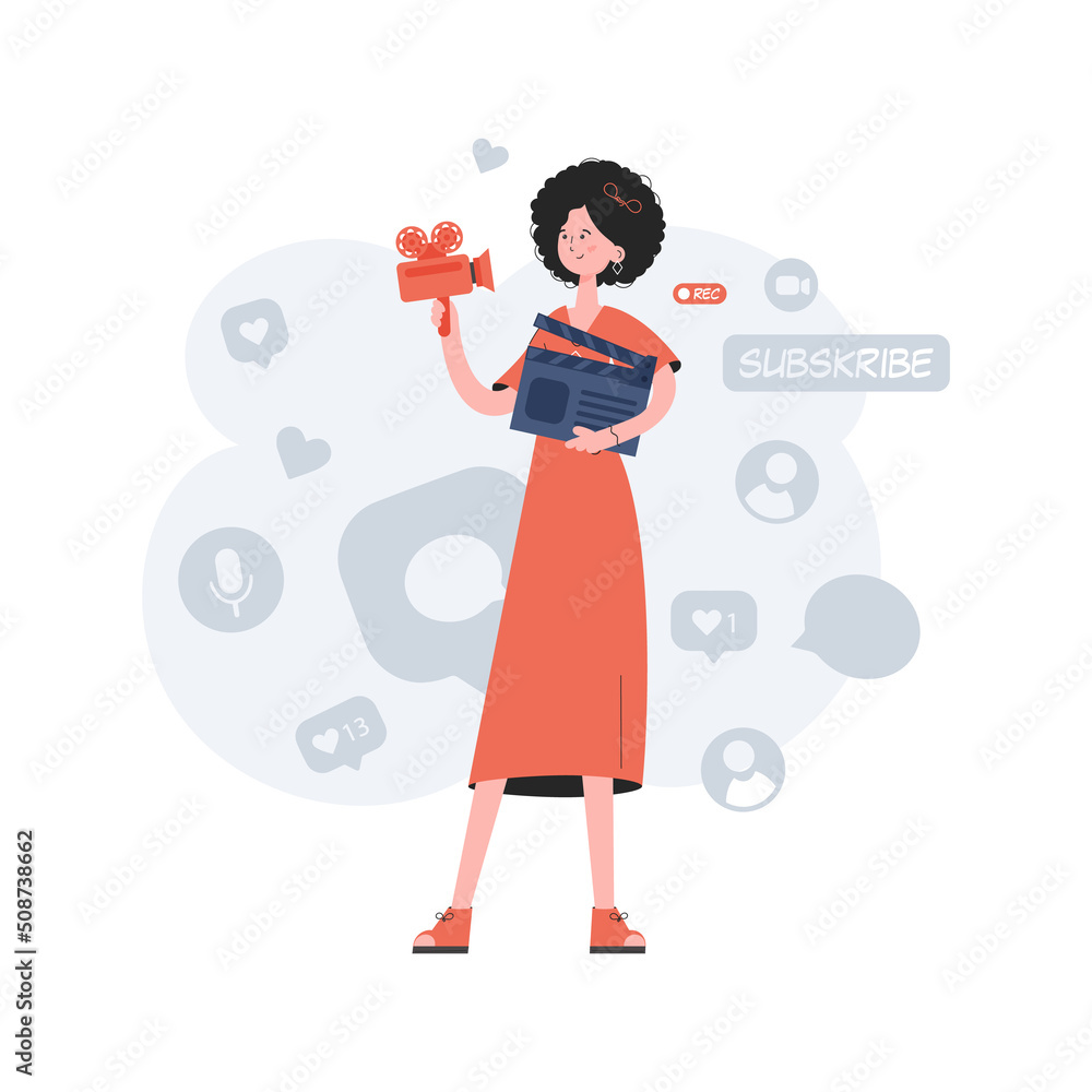 A woman stands to her full height and holds a clapperboard in her hands. Blogging. Element for presentations, sites. A woman stands to her full height and holds a clapperboard in her hands. Blogging. Element for presentations, sites.