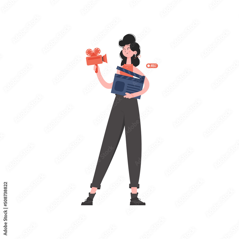 A woman stands in full growth holding a clapperboard film. Isolated. Element for presentations, sites. A woman stands in full growth holding a clapperboard film. Isolated. Element for presentations, sites.
