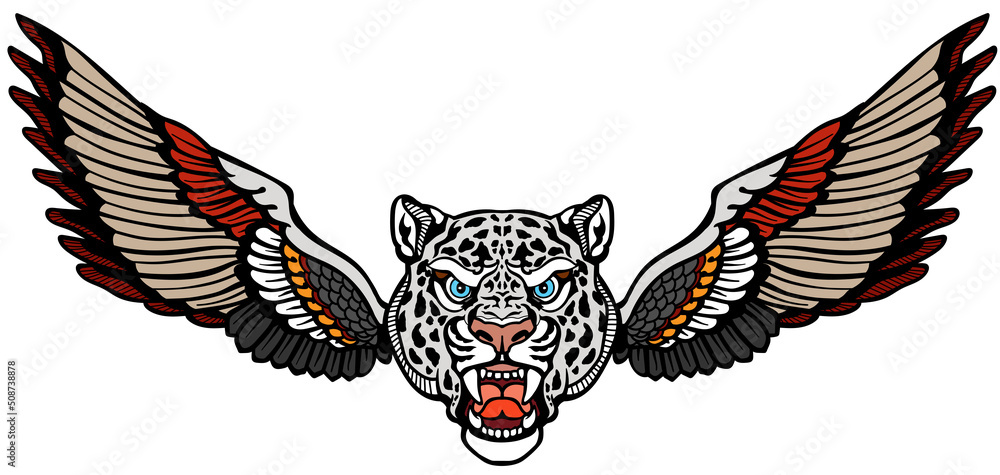 Winged Leopard Vector Head of a snow leopard with wings. Legendary mythological creature Aq ...