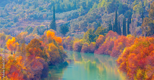 Fototapeta Naklejka Na Ścianę i Meble -  Beautiful autumn landscape with colorful majestic Goksu river in national park with autumn forest - Mersin, Turkey