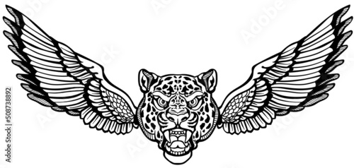 Head of a snow leopard with wings. Legendary mythological creature Aq Bars. Front view. Black and white isolated vector illustration  