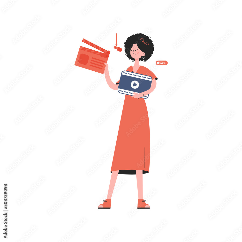 A woman stands to her full height and holds a clapperboard in her hands. Isolated. Element for presentations, sites. A woman stands to her full height and holds a clapperboard in her hands. Isolated. Element for presentations, sites.