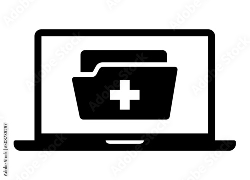 Electronic health or medical record folder on laptop computer flat icon for healthcare apps and websites