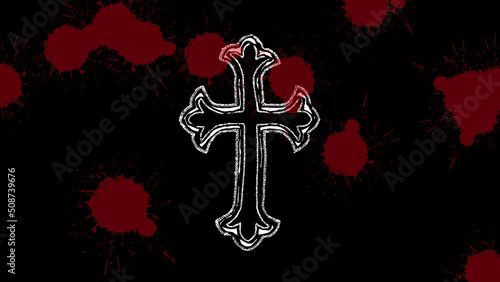 cross and blood, cross in dark, An embroidery of a cross with white stitching on a black background, vector 