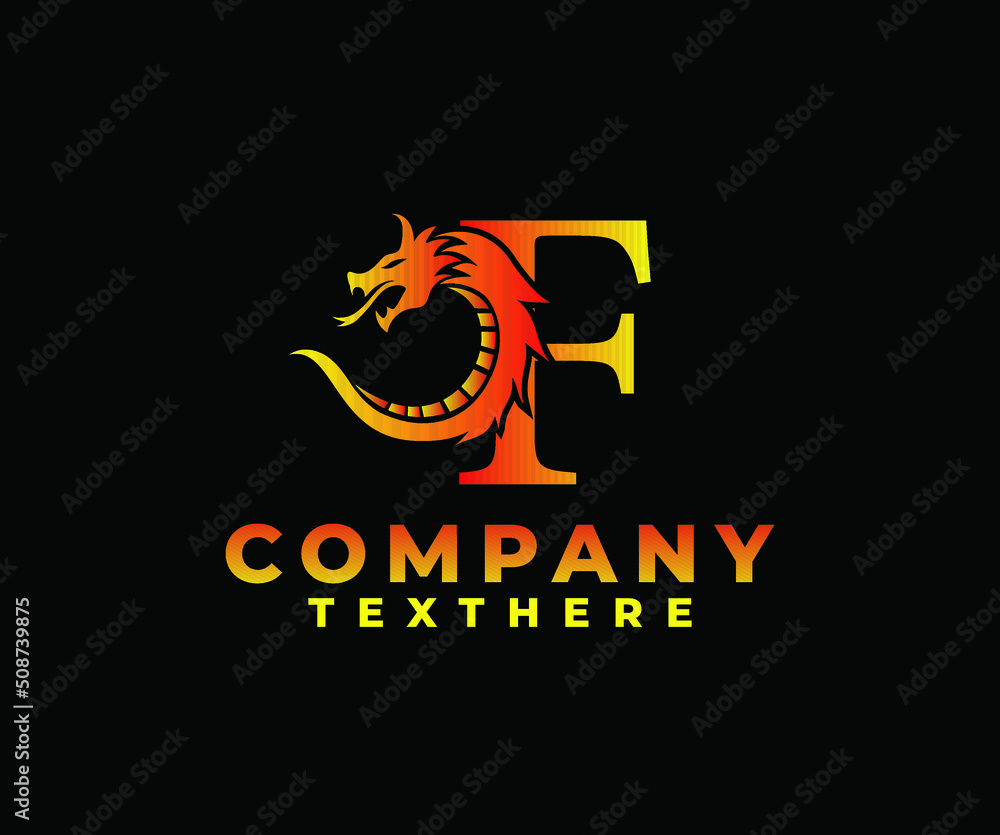 letter F logo icon with dragon design vector-fire color black background letter F logo icon with dragon design vector-fire color black background