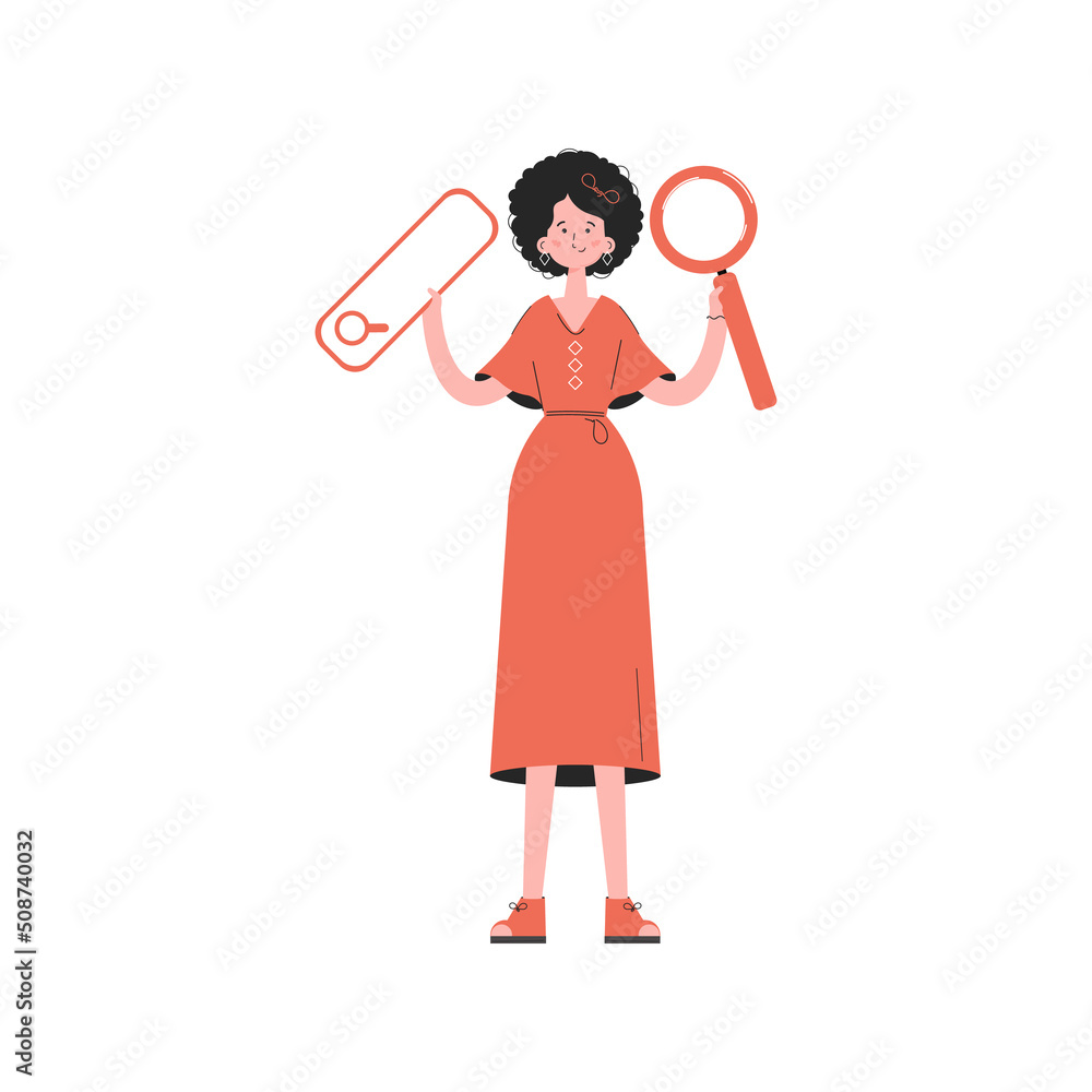 A woman stands in full growth with a web search bar. Isolated. Element for presentations, sites. A woman stands in full growth with a web search bar. Isolated. Element for presentations, sites.