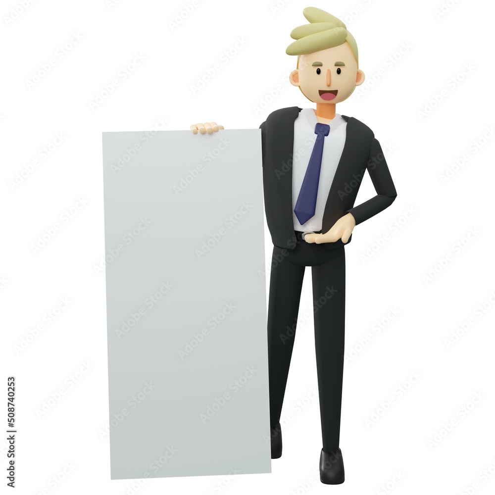 full length businessman holding blank sign,showing blank signboard.3d rendering cartoon illustration. full length businessman holding blank sign,showing blank signboard.3d rendering cartoon illustration.
