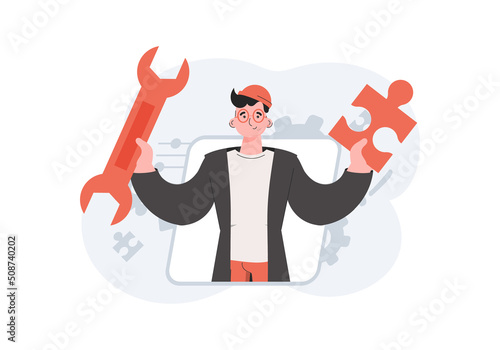 A man stands waist-deep and holds a wrench in his hands. Tech support. Element for presentations, sites.