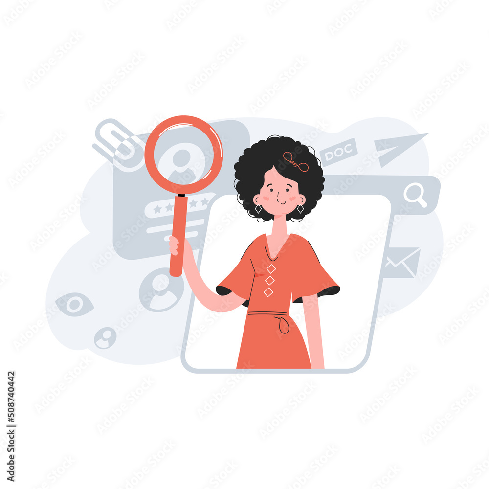 A stylish girl stands waist-deep and holds a magnifying glass in her hands. Human resources. Element for presentations, sites. A stylish girl stands waist-deep and holds a magnifying glass in her hands. Human resources. Element for presentations, sites.
