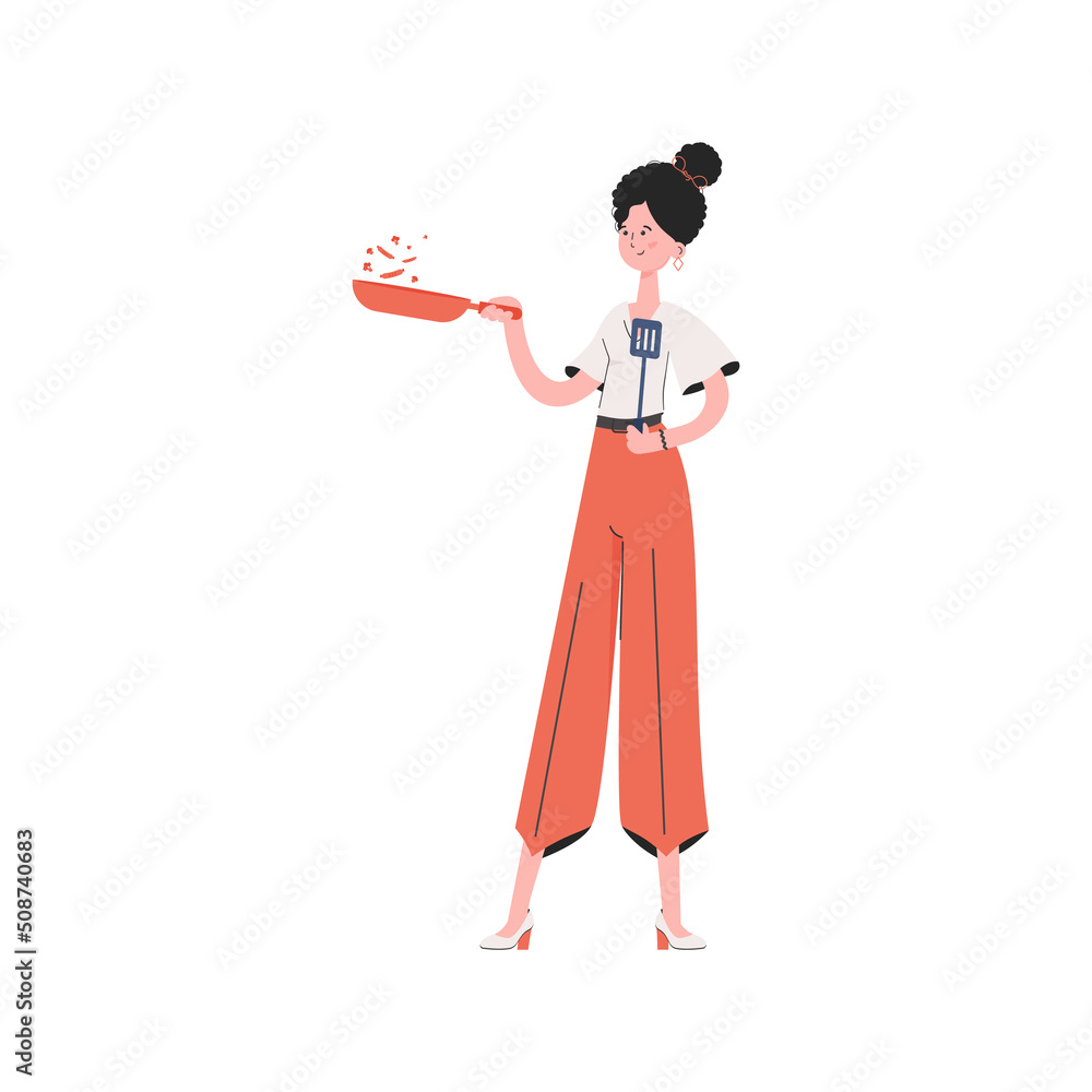 A woman stands in full growth holding a frying pan. Isolated. Element for presentations, sites. A woman stands in full growth holding a frying pan. Isolated. Element for presentations, sites.