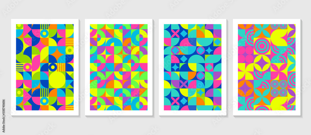 Set of colorful abstract geometric shapes Bauhaus inspired pattern postern banner design