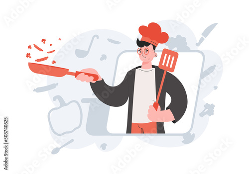 A man stands waist-deep and holds a shovel in his hands. Cafe. Element for presentations, sites.
