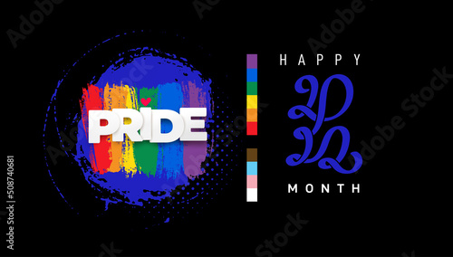 Happy pride month 2022 banner with pride color striped ribbon flag. Pride month or pride day poster, flyer, invitation party card design template. LGBTQ Month 2022. Vector illustration.