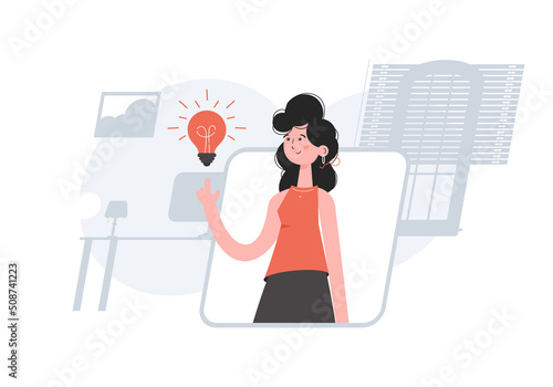 The girl is waist-deep with a light bulb. Idea. Element for presentations, sites.