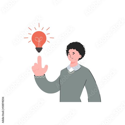 A man is waist-deep who had an idea in the form of a light bulb. Isolated. Element for presentations, sites.