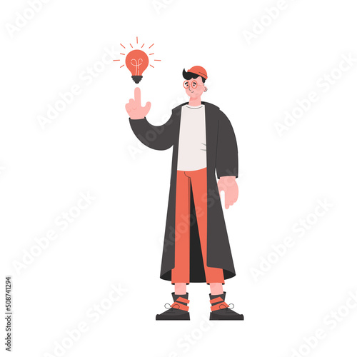 A man stands in full growth who had an idea in the form of a light bulb. Isolated. Element for presentations, sites.