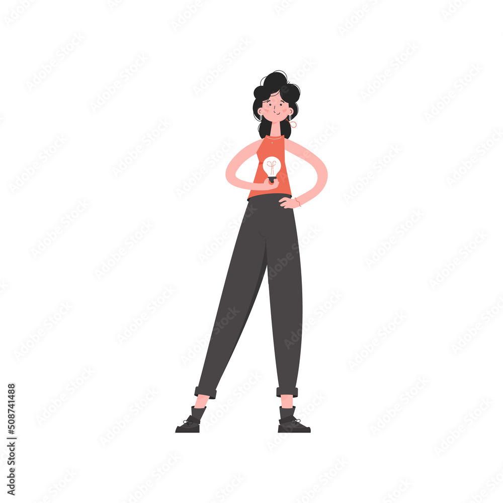 A woman stands in full growth with a light bulb in her hands. Isolated. Element for presentations, sites. A woman stands in full growth with a light bulb in her hands. Isolated. Element for presentations, sites.
