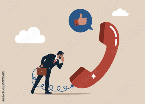 Businessman sale representative agent talk in phone call with thumb up feedback. Telephone call expert to generate lead or sales, success telemarketing tell promotion to prospect or client concept.