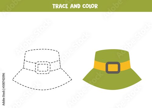 Trace and color green travel hat. Worksheet for children.